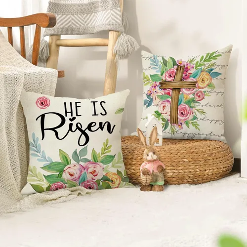Vista 6 de Fahrendom Happy Easter Bunny - Juego de 4 fundas de almohada decorativas cristianas de 16 x 16 pulgadas, diseño de conejo religioso, cruz religiosa