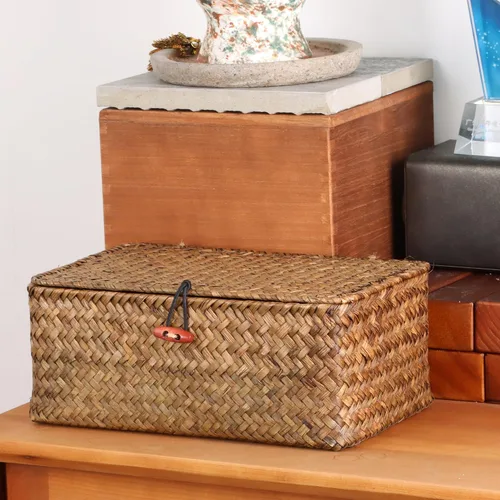 Vista 4 de Moosky Cestas de mimbre con tapa, cesta tejida a mano de pastos marinos para cestas de almacenamiento, cajas de regalo rectangulares para el hogar