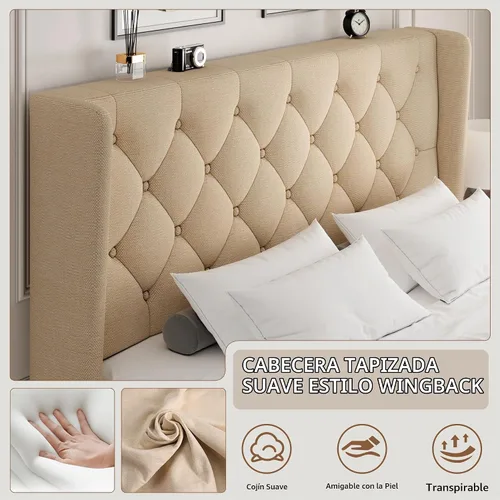 Vista 3 de iPormis - Base de cama tapizada de tamaño completo con cabecera capitonada con botones, base de cama tapizada con listones de madera sólidos, 20 cm