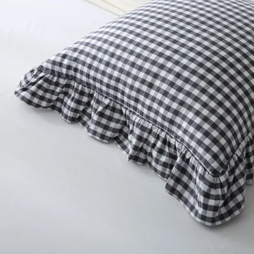 Vista 5 de Mywinlle juego de 2 fundas para cojín con volantes a cuadros negro/blanco, fundas de almohada decorativas de algodón lavado a cuadros estilo granja
