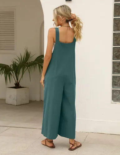 Vista 4 de Overol suelto de pierna ancha para mujer, sin mangas, de algodón y lino, con bolsillos