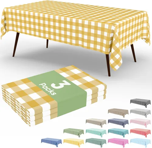 Vista 95 de Smiry Paquete de 3 Manteles Desechables de Cuadros Gingham Color Caqui - 54" x 72" Mantel de Plástico de Servicio Pesado, Cubiertas de Mesa