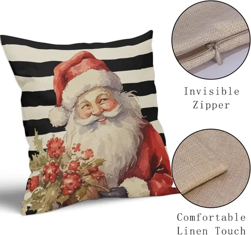 Vista 4 de Juego de 2 fundas de almohada navideñas de 20 x 20 pulgadas, diseño de Papá Noel, diseño floral rojo, a rayas, para exteriores, estilo granja
