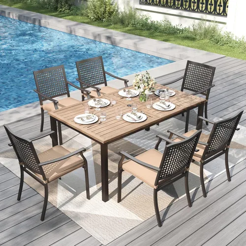 Vista 27 de PHI VILLA Juego de comedor al aire libre de 5 piezas para 4, sillas apilables con cojines y mesa cuadrada de madera de 37 pulgadas con agujero