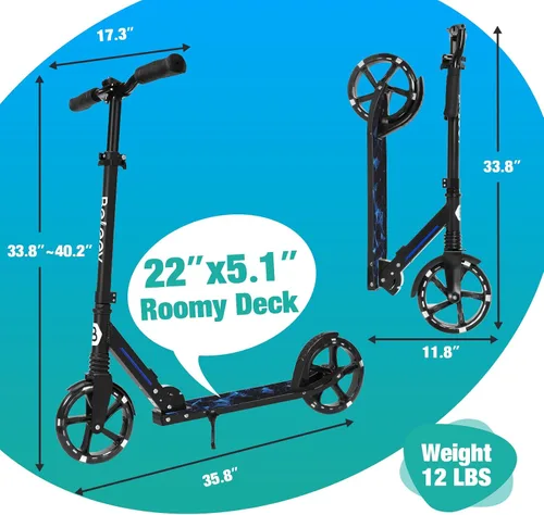 Vista 6 de BELEEV V5 Patines para niños de 6 años en adelante, patinete plegable de 2 ruedas para adultos y adolescentes, 4 rieles ajustables, ruedas grandes