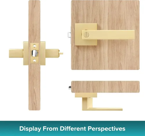 Vista 6 de Paquete de 1 perilla de puerta dorada de privacidad, perilla cuadrada de latón para baño, manija de puerta dorada interior bloqueada