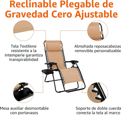 Vista 4 de Amazon Basics Juego de sillas reclinables plegables de Textilene para exteriores con soporte para tazas, mesa auxiliar, reposacabezas, resistente a