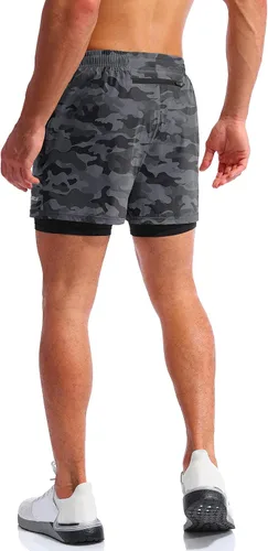 Vista 4 de Pudolla Mens 2 in 1 Running Shorts 5" Quick Dry Gym Athletic Workout Shorts for Men with Phone Pockets