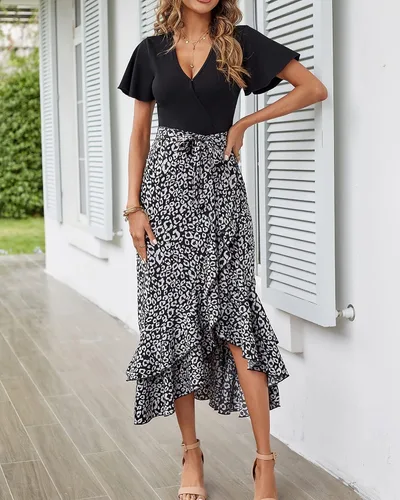 Vista 3 de BTFBM Vestidos largos de verano para mujer, manga corta, cuello en V, estampado floral, bohemio, cintura alta, con volantes, vestido largo de cóctel