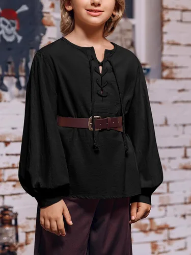 Vista 3 de Makkrom Camisa de disfraces para niño, medieval, renacentista, Halloween, jacobita escocés, Ghillie, con cordones, para niños de 5 a 14 años