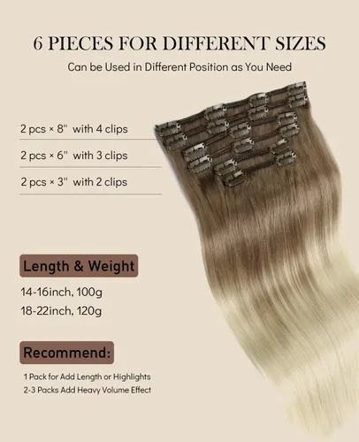 Vista 47 de VINBAO Extensiones de cabello humano con clip, balayage, color marrón ceniza a rubio caramelo, 14 pulgadas, 6 unidades, 3.53 onzas, 6