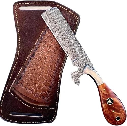 Vista 10 de Cuchillo cortador de toros de Damasco hecho a mano de 8 pulgadas con funda de cuero, cuchillo vaquero occidental para caza, desollar, acampar