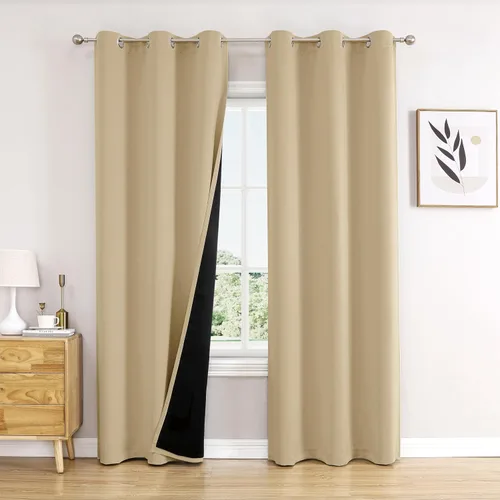 Vista 14 de ChrisDowa Cortinas 100% opacas de 63 pulgadas de largo para dormitorio con forro negro, 2 capas gruesas totalmente opacas con aislamiento térmico