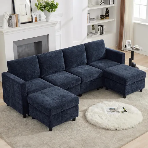 Vista 29 de WUTUTUEE Sofá seccional modular en forma de L de 83" con almacenamiento y otomano móvil, sofá convertible de 4 asientos reversible chaise de Beige