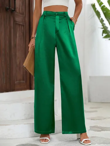 Vista 6 de SweatyRocks Pantalones largos de satén de cintura alta para mujer, de pierna ancha, casuales, trabajo, oficina, de seda sintética con bolsillos