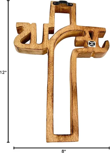 Vista 9 de Crucifijo de pared de madera hecho a mano con tallas a mano, cruz para regalos de bautismo, adorno colgante para decoración de pared e iglesia
