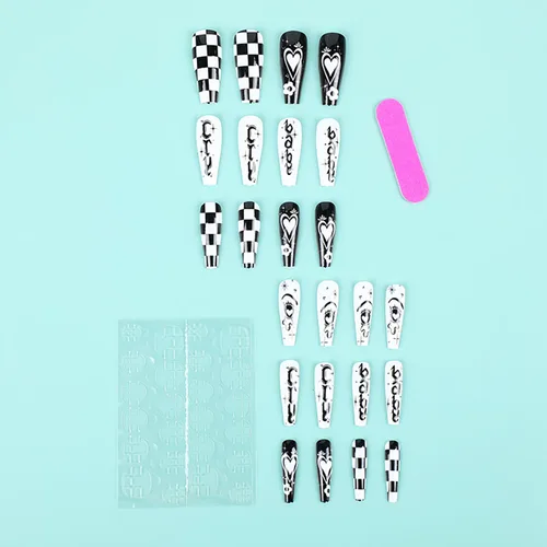 Vista 4 de 24 uñas postizas largas a presión de ataúd blanco y negro, uñas postizas reutilizables con diseño de patrón de ojos de cuadrícula de corazón, uñas