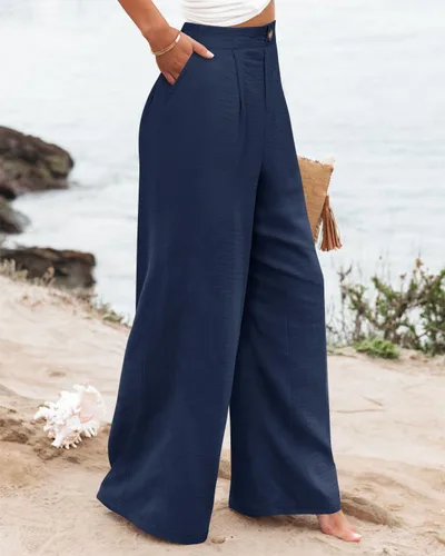 Vista 2 de Angerella Pantalones de pierna ancha para mujer, cintura alta elástica en la espalda, pantalones de trabajo de negocios, pantalones largos casuales