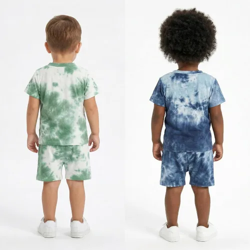 Vista 3 de Conjunto de ropa para bebés y niños pequeños, 4 piezas, camisa y pantalones cortos de algodón teñido anudado para verano, paquete de 2