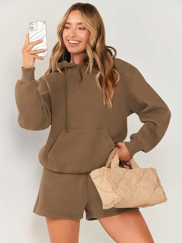 Vista 9 de ANRABESS Conjunto deportivo de 2 piezas para mujer, sudadera con capucha de gran tamaño, conjunto de sudadera corta a juego