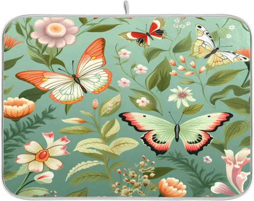 Vista 25 de Tapete de secado de platos de primavera naranja con flor de amapola para encimera de cocina, tapete escurridor absorbente de microfibra, tapete