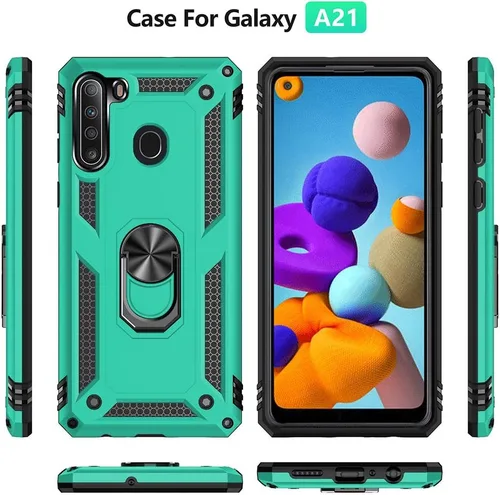 Vista 2 de Funda para Galaxy A21, con protector de pantalla HD, [grado militar] anillo de montaje en coche con soporte híbrido de policarbonato duro suave TPU