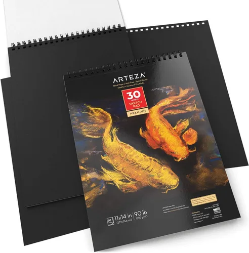 Vista 3 de ARTEZA Cuaderno de bocetos en espiral de 11 x 14 pulgadas, bloc de dibujo de papel de arte negro, paquete de 2 unidades de 30 hojas para dibujar