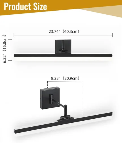 Vista 2 de Moderna lámpara de tocador negra ajustable LED para baño sobre espejo giratorio (negro, 23.6 pulgadas, 5CCT regulable)