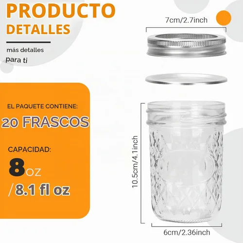 Vista 3 de Eathtek 8 onzas tarros Mason 20 paquete, tarros de conservas mini de 240ml con tapas regulares para almacenamiento de jalea, hierbas, especias