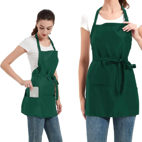 Vista 10 de Delantales para mujer con 3 bolsillos, delantal de cocina con revestimiento impermeable, delantal de chef con correa ajustable para el cuello Negro