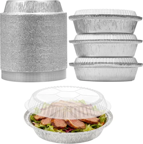 Vista 9 de Sartenes redondos de papel de aluminio de 7 pulgadas con tapas transparentes, paquete de 50 Apto para horno y congelador, diseño desechable, ideal