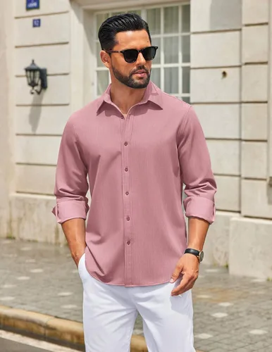 Vista 33 de COOFANDY Camisa de vestir casual de mezclilla con botones y manga larga para hombre