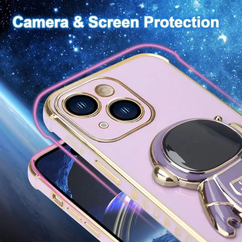 Vista 4 de Omio - Funda compatible con iPhone 15 Plus con soporte oculto de astronauta, funda de lujo chapado en corazón con borde lateral, pequeño