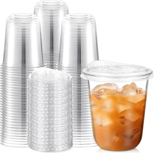 Vista 14 de Ziliny 50 juegos de vasos de plástico transparente con tapas para sorber sin pajita, vasos de cristal de plástico PET desechables transparentes