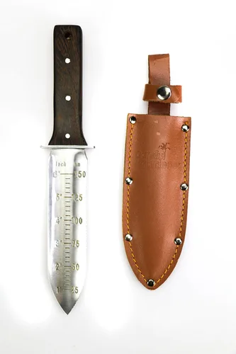 Vista 4 de Hori Hori - Cuchillo japonés de jardinería prémium - Cuchillos de jardín de espiga completa con funda de cuero