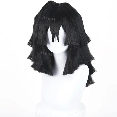 Vista 2 de Aicos Obanai Cosplay Wig - Costume Black Anime Wig with Bangs for Adults + Cap for Halloween Party