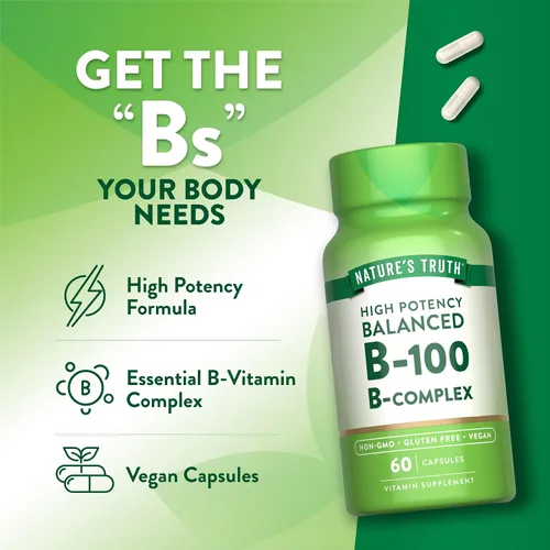 Vista 5 de Nature's Truth Complejo de Vitamina B para Mujeres y Hombres 60 Cápsulas B-100 de alta potencia Suplemento vegano, sin OMG y sin gluten