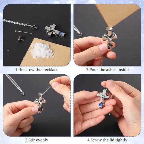 Vista 6 de 16 piezas de collar de urna para cenizas, medallón de cenizas talladas de acero inoxidable impermeable con 8 kit de relleno, cilindro de corazón