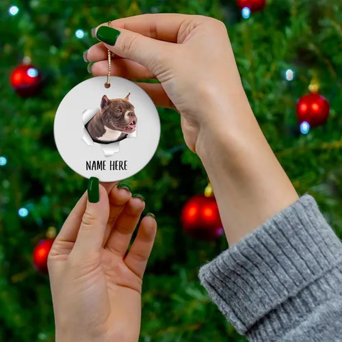 Vista 3 de Personalized Name American Bully Red Brown Christmas Tree Ornaments Circle Ceramic Decorations Gifts for Dog Lovers Owners
