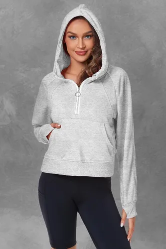 Vista 7 de FKEEP Womens Half Zip Hoodies Quarter Zipper Up Cropped Sweatshirt Long Sleeve Athletic Pullover Tops with Thumb Hole