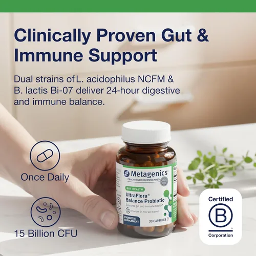 Vista 2 de Metagenics UltraFlora Balance Probiotic - Suplemento diario de salud intestinal estable para apoyo digestivo e inmunológico* - Sin OMG y sin gluten