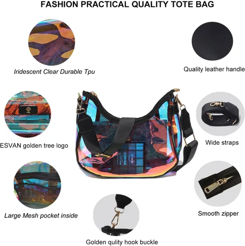 Vista 4 de Bolso de hombro transparente para mujer – Lindo bolso Hobo Tote, bolso cruzado y mini bolso de mano aprobado por el estadio