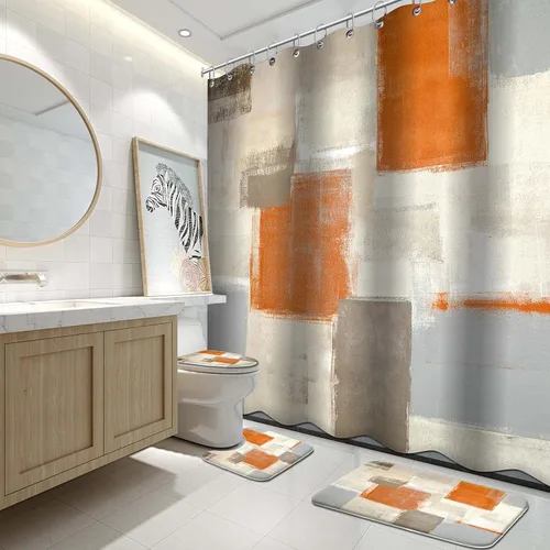 Vista 14 de Lnond 4 Piezas Juegos de Cortinas de Ducha de Baño Moradas con Alfombras, Arte de Pintura Púrpura y Gris Juegos de Baño con Cortina de Ducha