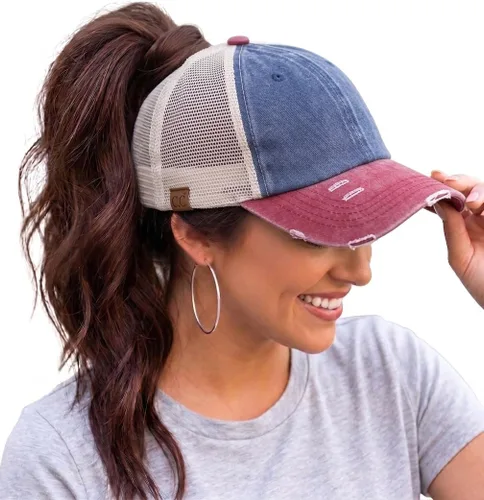 Vista 17 de Funky Junque - Sombrero de cola de caballo para mujer, gorra de béisbol con ajuste ajustable y cola de caballo alta cruzada para uso diario Paquete