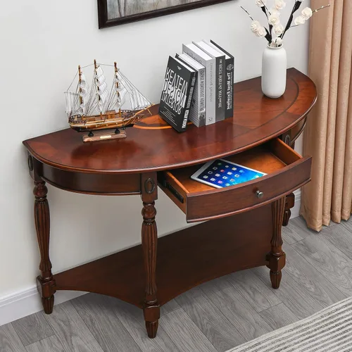 Vista 6 de Mesa de entrada de madera maciza con cajón, mesa de sofá semicírculo con estante de almacenamiento, tallas laterales de media luna, elegante mesa