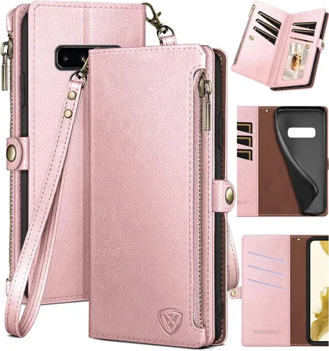 Vista 9 de XcaseBar Funda tipo cartera para Samsung Galaxy S10+/S10 Plus con cremallera y tarjetero de crédito con bloqueo RFID, funda de piel sintética