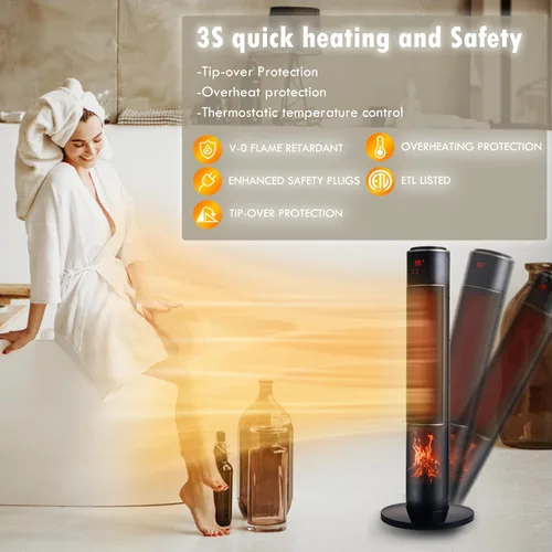 Vista 5 de Calentador de espacio eléctrico portátil para habitación grande de 37" con torre de cerámica, llama 3D para calefacción de habitación, oscilante