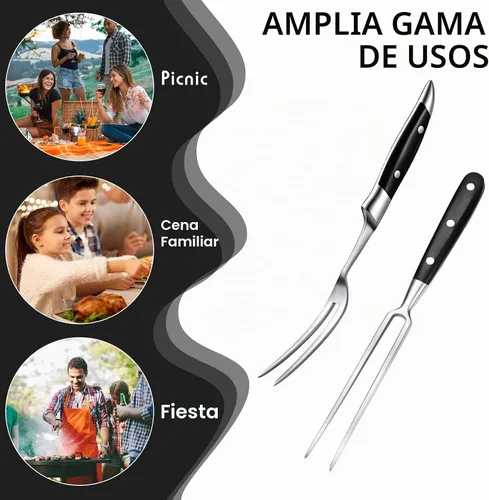 Vista 7 de CHENGU 2 tenedores para tallar carne de 12 pulgadas de acero inoxidable para servir cocinar con mango de madera, parrilla clásica con mango de ABS
