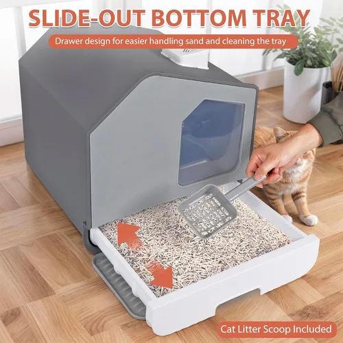 Vista 2 de LEMY Caja de arena grande cerrada para gatos, caja de arena gris con alfombrilla y cuchara de arena para gatos, inodoro inodoro inodoro