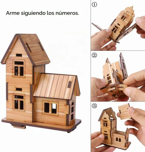 Vista 5 de Rompecabezas de madera 3D, mini kit de casa modelo de bricolaje, juguetes educativos, rompecabezas de regalo para niños y adultos